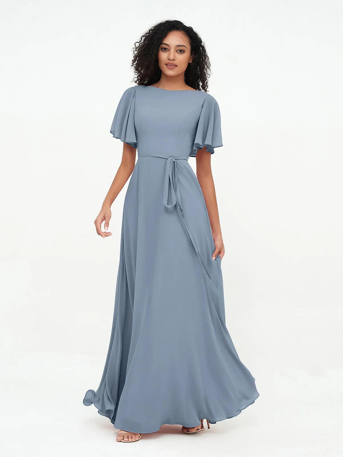 Flutter Sleeves Chiffon Maxi Dress with Sash Bow