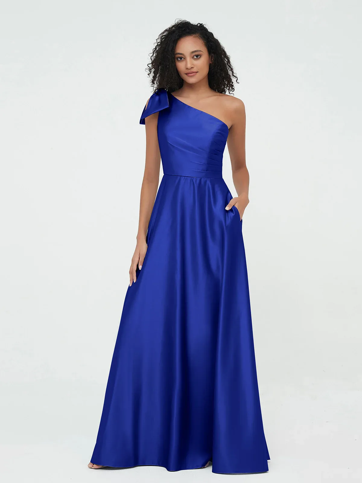 One-Shoulder Long Satin Dress with Pockets