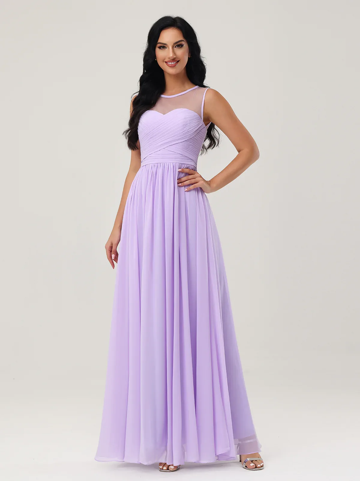 Long Chiffon Gown with Illusion Neckline