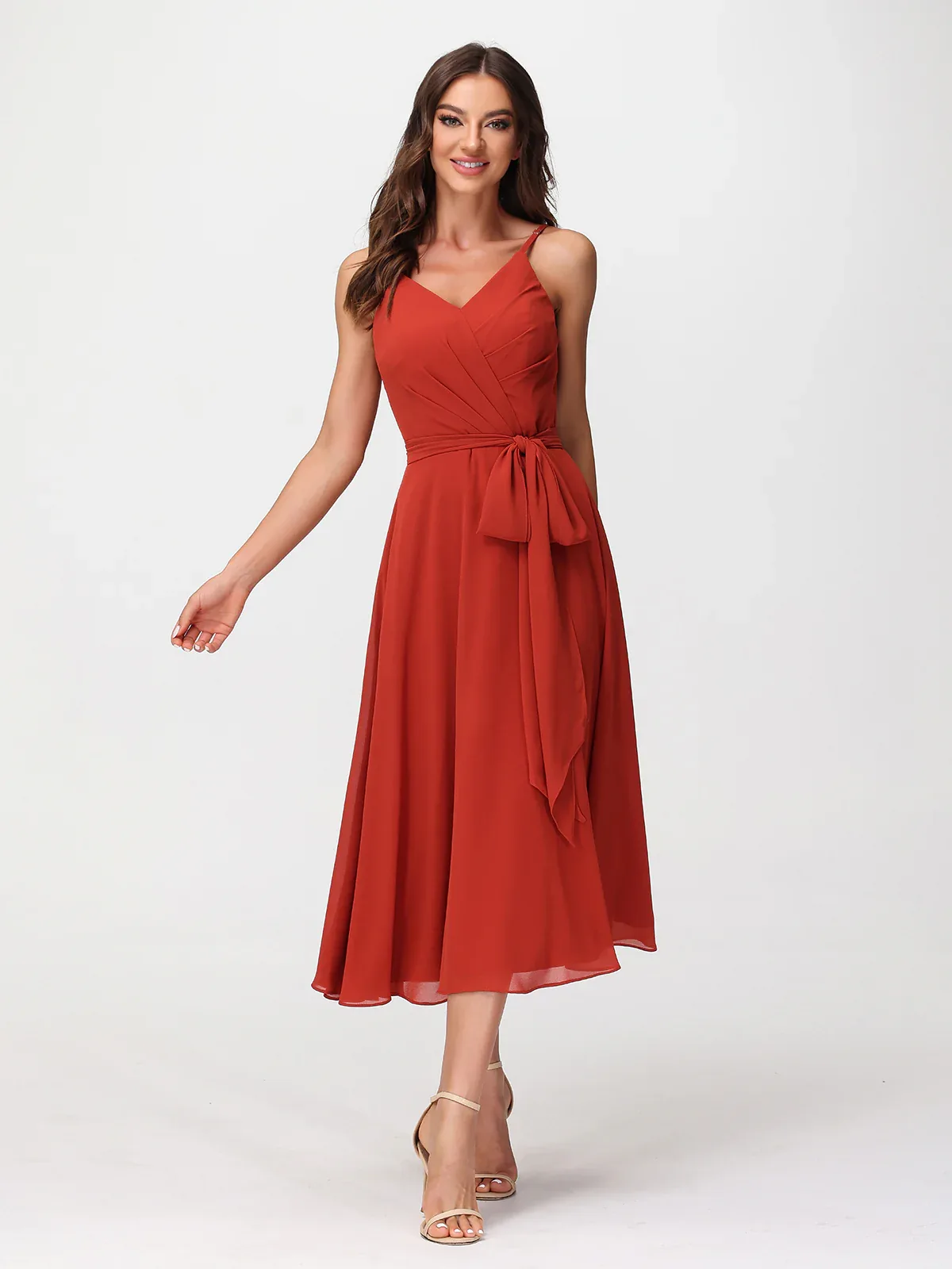 Spaghetti Strap Tea-Length Dress with Sash Bow