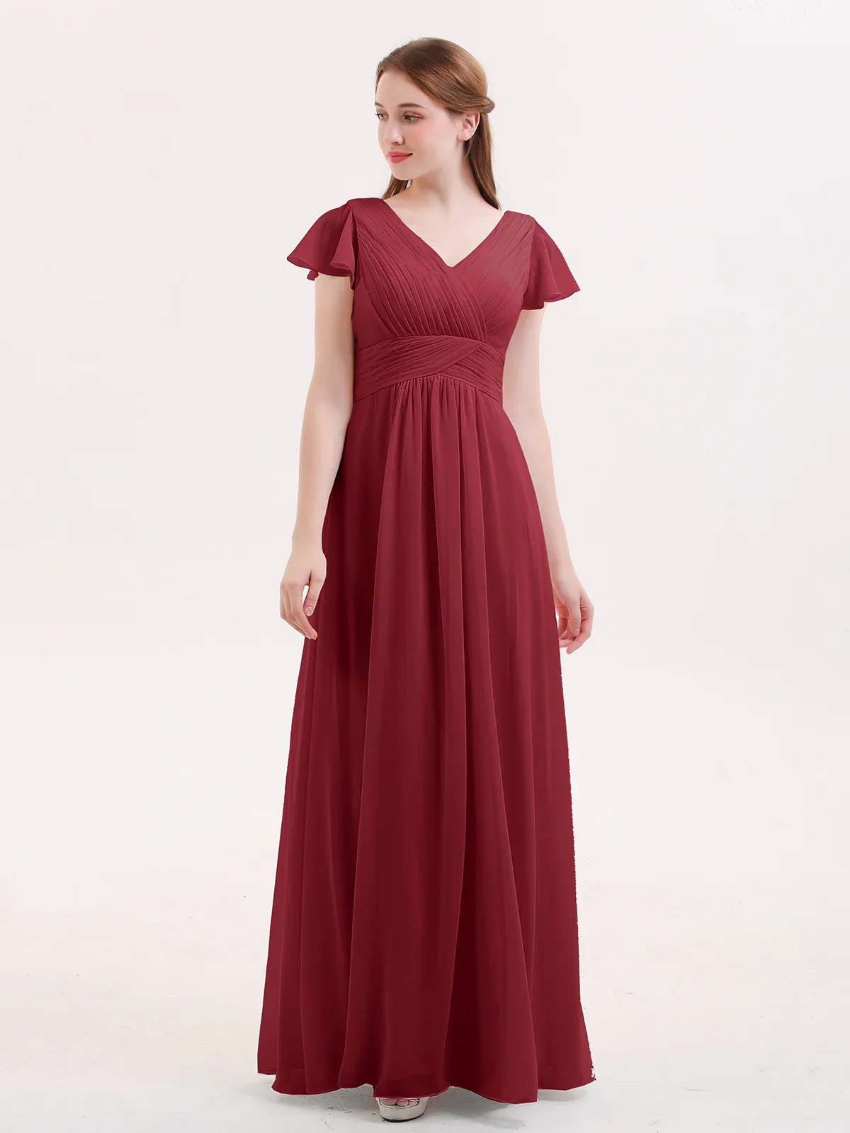 Cap Sleeves Chiffon Long Bridesmaid Dress