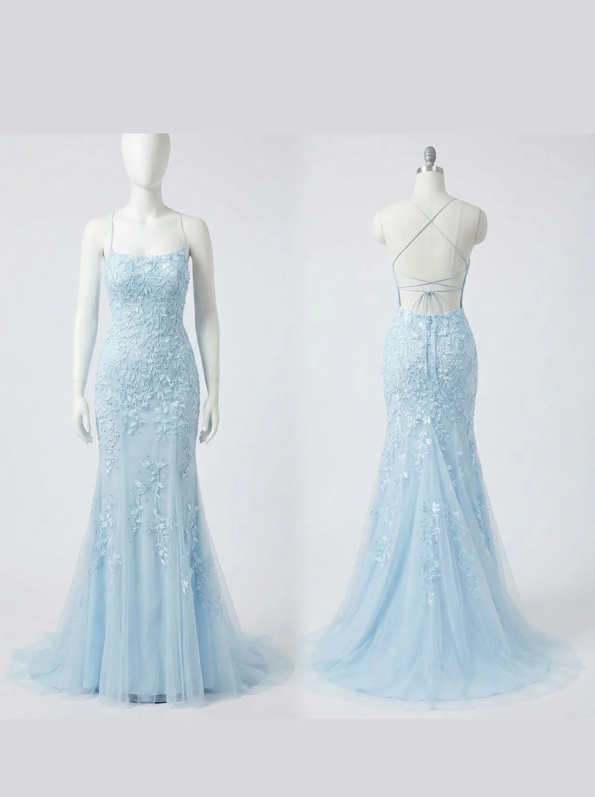 Ice Blue Lace Appliqué Criss-Cross Back Mermaid Gown