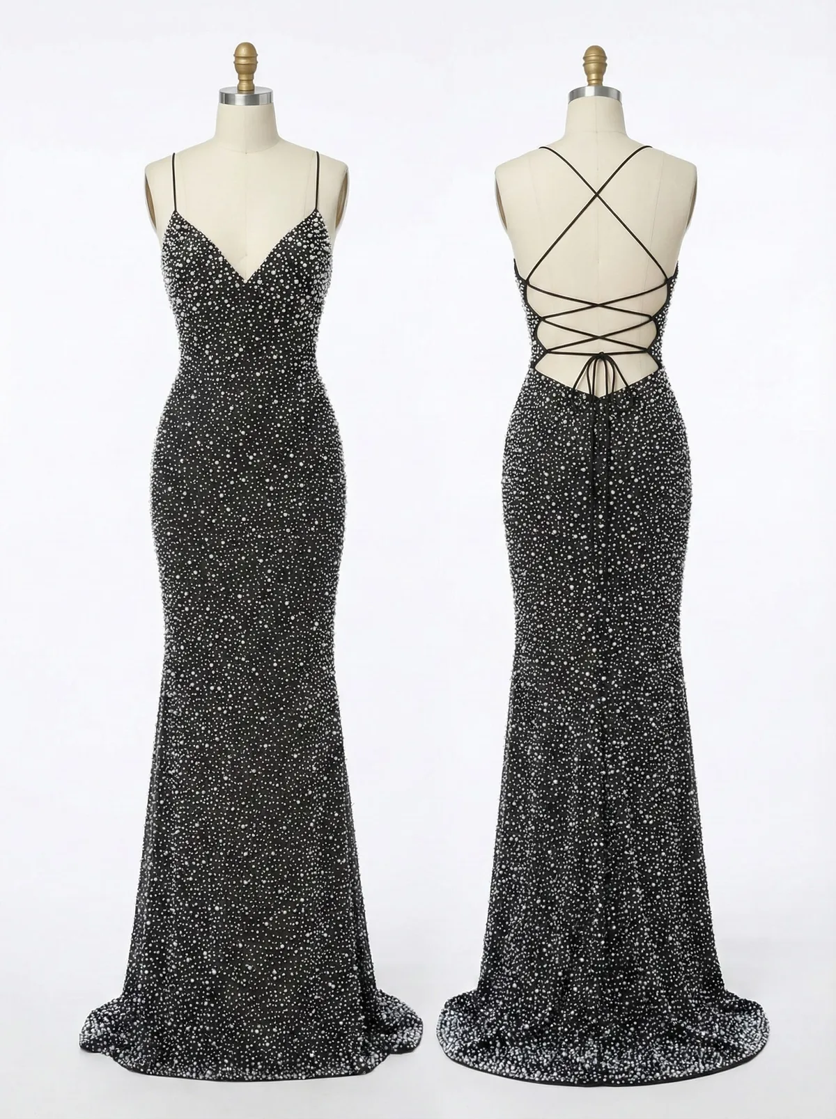 Black Crystal All-Over Beaded V-Neck Mermaid Gown