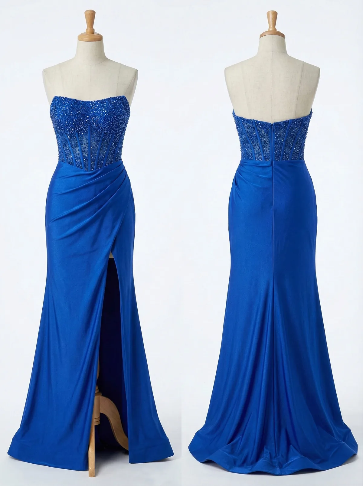Royal Blue Sequin Beaded Corset Ruched Mermaid Gown