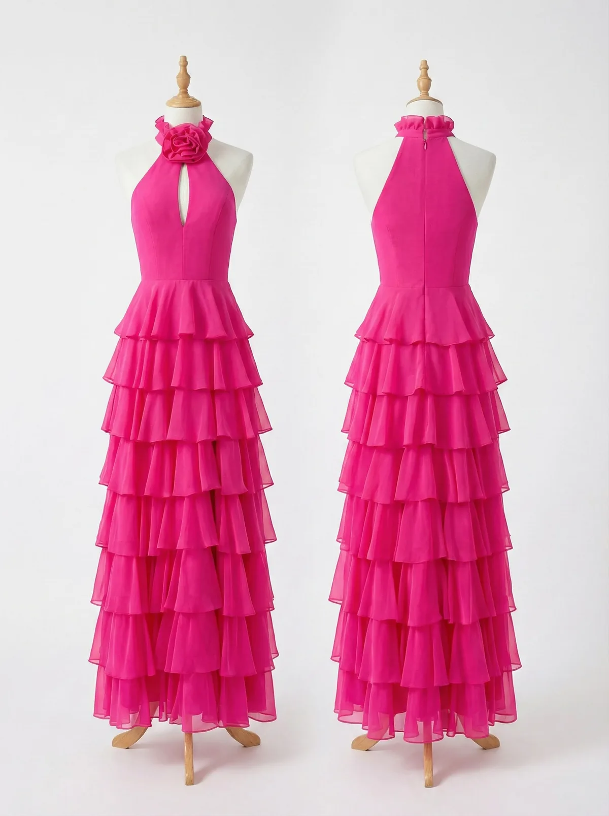 Hot Pink Rose Collar Halter Tiered Ruffle Gown