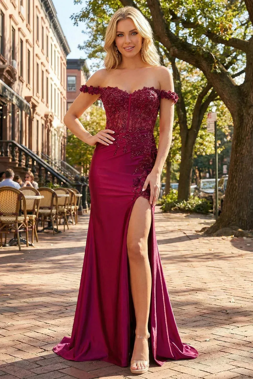 Off-Shoulder Lace Appliqué Satin Mermaid Gown
