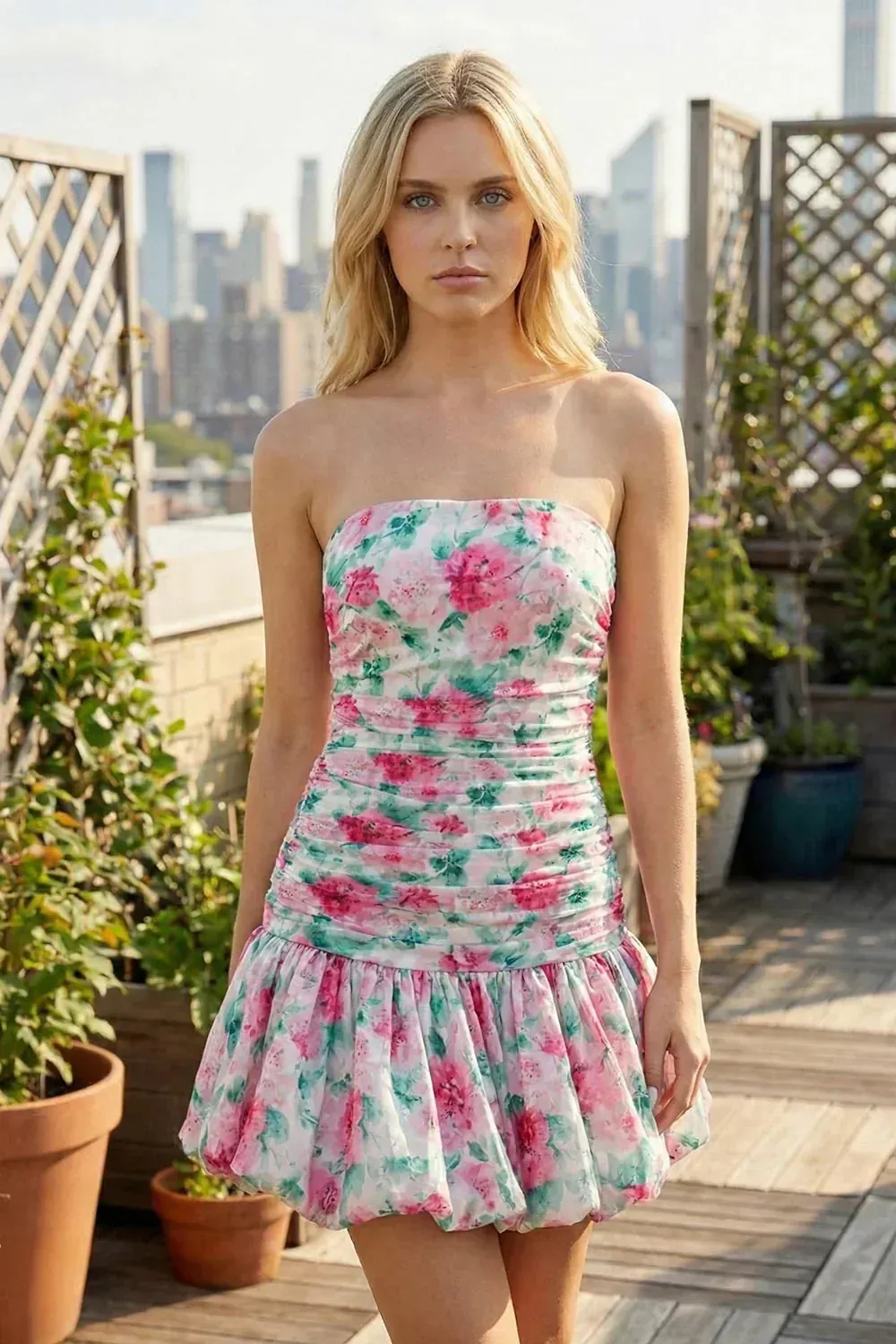 Sheath Floral Strapless Beaded Short Homecoming Dress