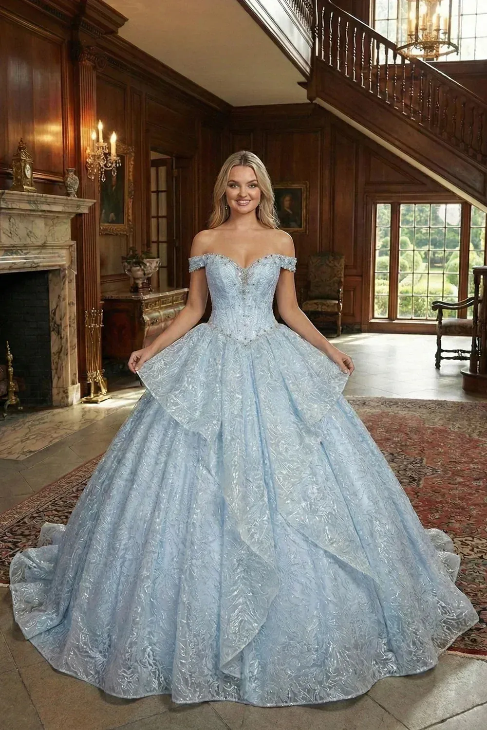 Layered Ruffled Cold Shoulder Ball Gown With Embroidery & Bow