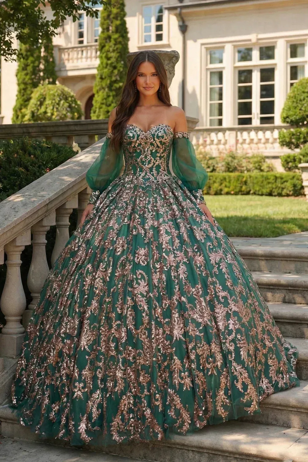 Glittery Cold Shoulder Ball Gown With Sheer Sleeves
