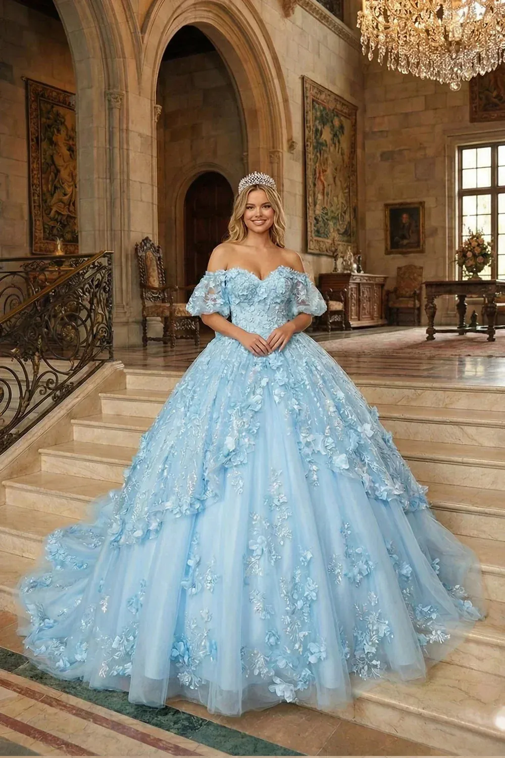 Textured Ruffle V-Neck Ball Gown With Bow & 3D Floral