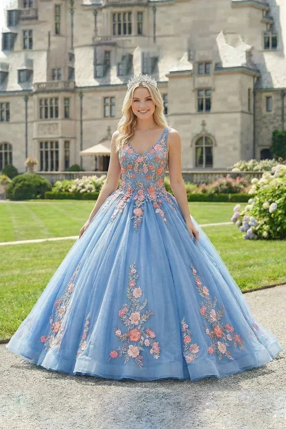 Spaghetti Strap Ball Gown With Lace & 3D Floral