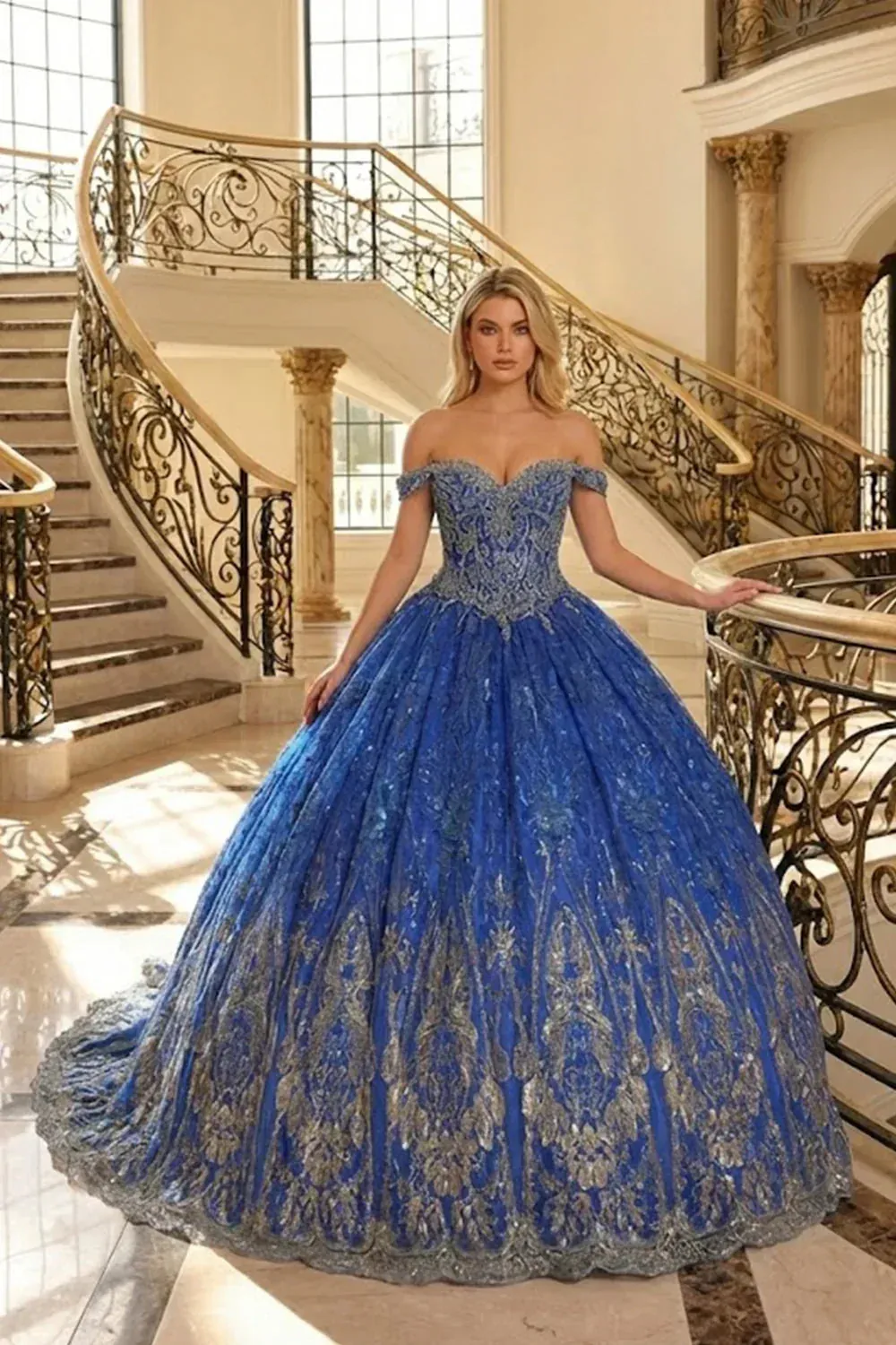 Off-Shoulder Ball Gown With Floral Lace