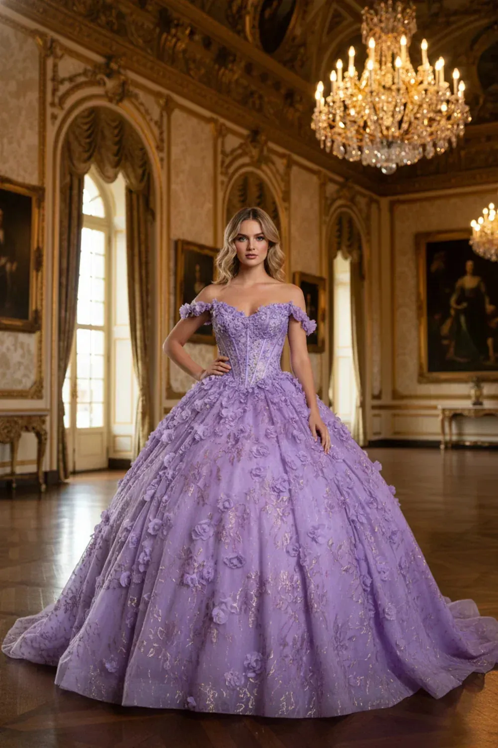 3D Floral Off-Shoulder Ball Gown With Gold Accents