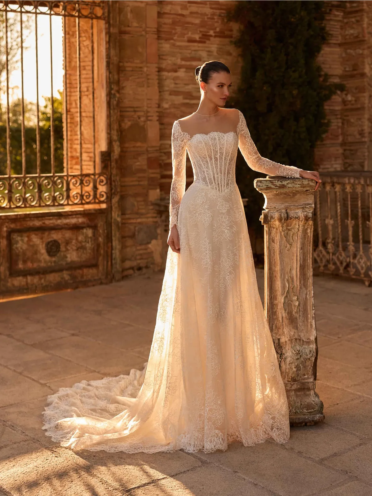 A-Line Round Neck Long Sleeve Lace Bridal Gown