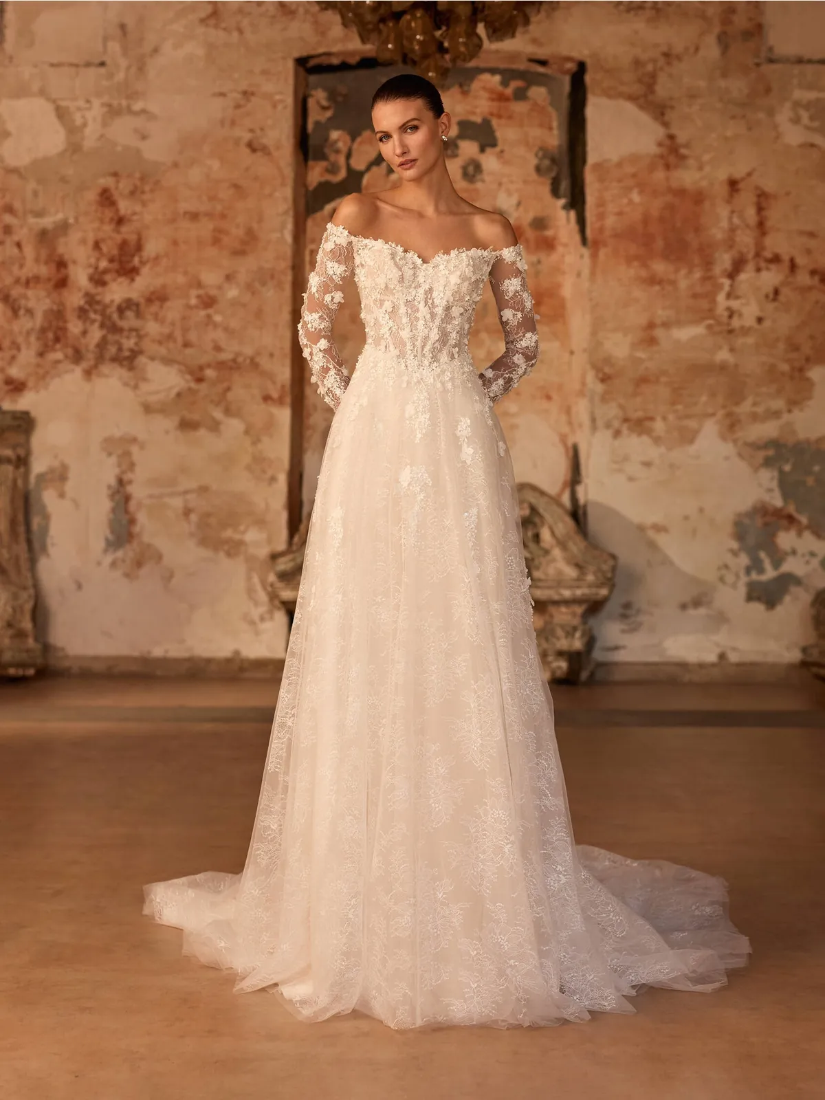 Off-Shoulder Long Sleeve Chantilly Lace A-Line Gown