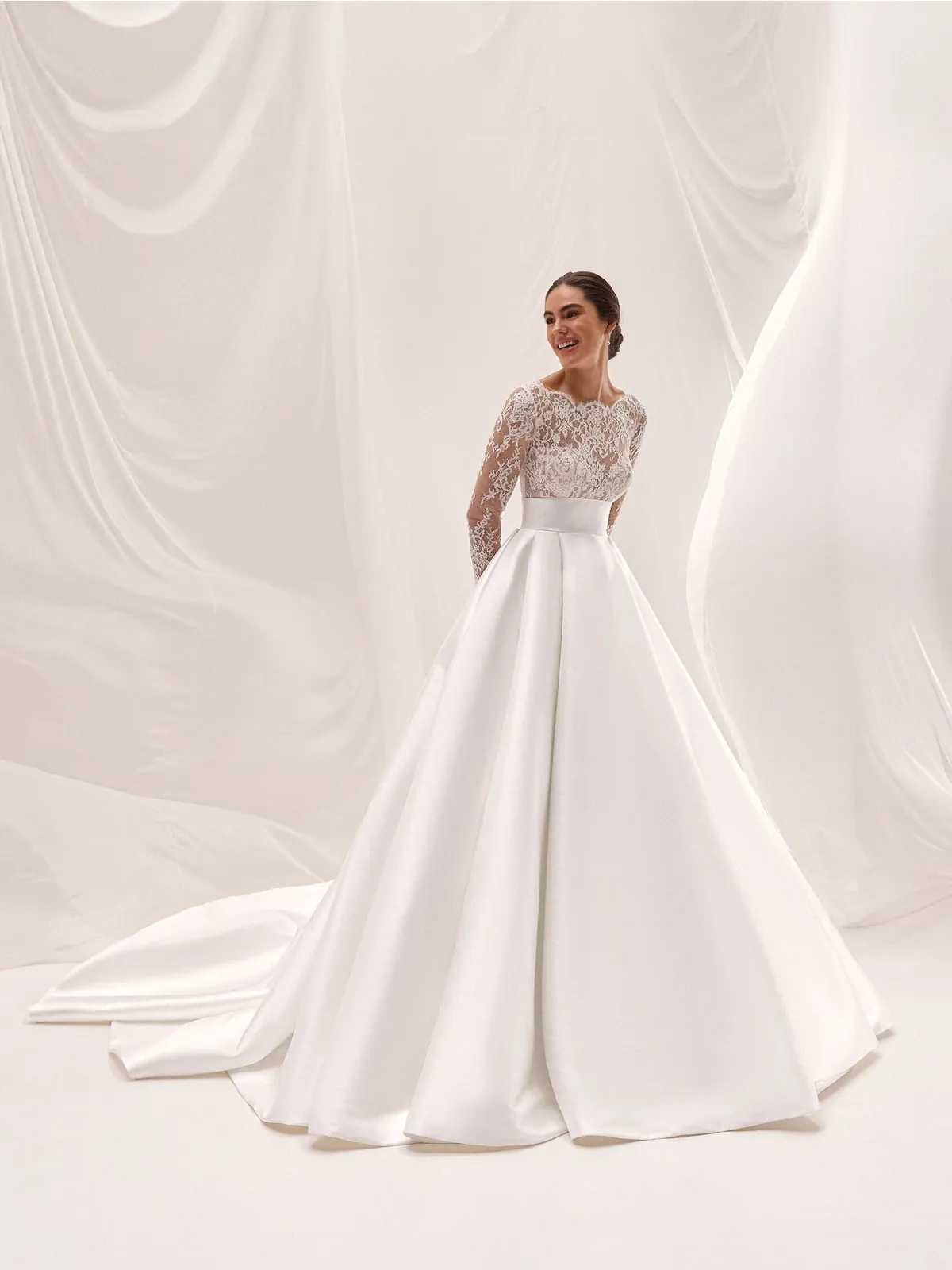 Princess Bateau Neck Long Sleeve Mikado Bridal Gown