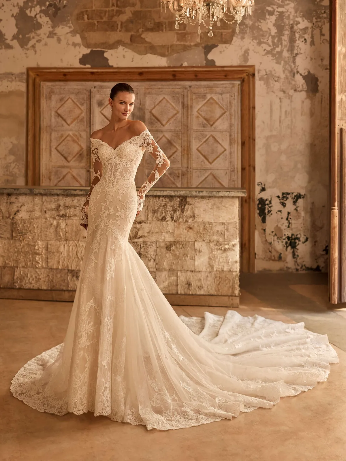 Bateau Neck Long Sleeve Mermaid Lace Bridal Gown